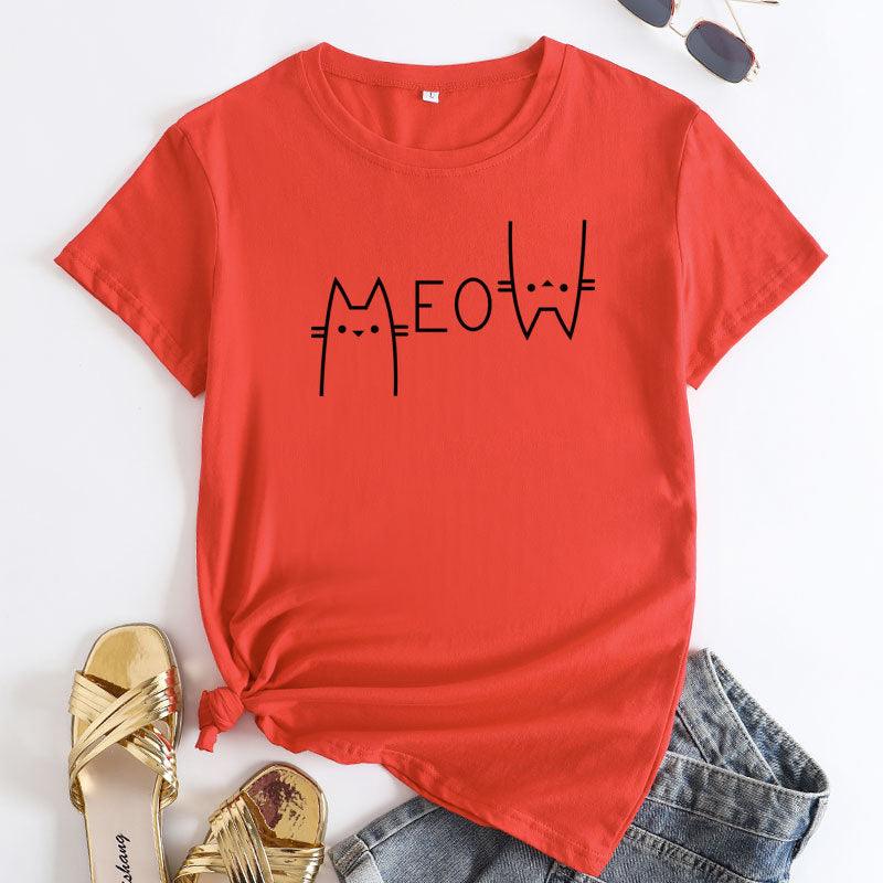 Creative Casual Cat Letter Cotton Short-sleeved T-shirt Women's Clothing - Nioor