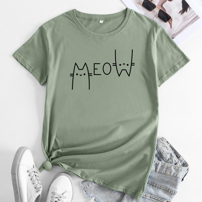 Creative Casual Cat Letter Cotton Short-sleeved T-shirt Women's Clothing - Nioor