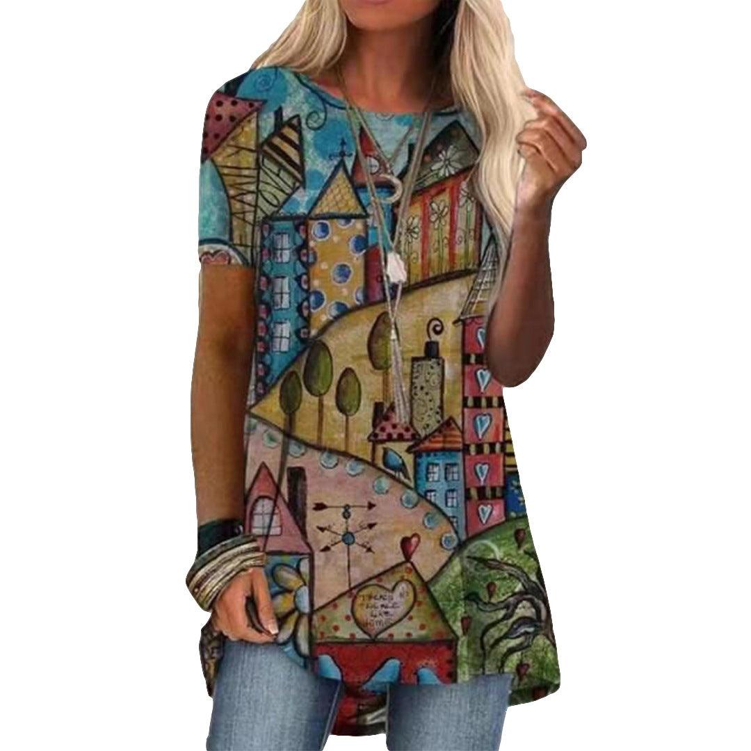 Crew Neck Casual Ethnic Style Vintage Print Short Sleeves T-shirt - Nioor