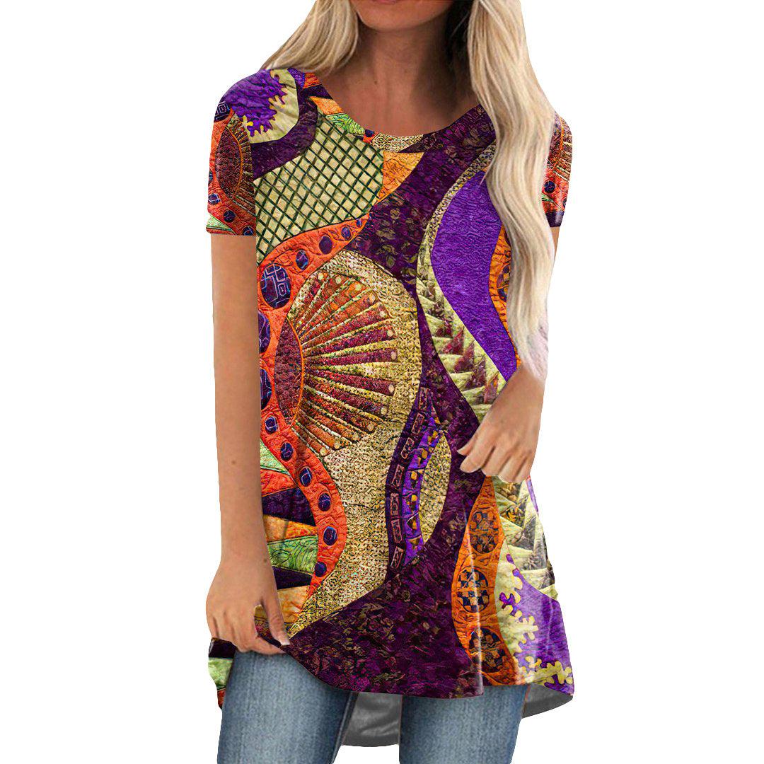 Crew Neck Casual Ethnic Style Vintage Print Short Sleeves T-shirt - Nioor