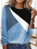 Crew Neck Colorblock Striped Bottoming Long Sleeve Printed T-Shirt - Nioor