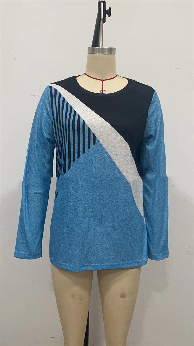 Crew Neck Colorblock Striped Bottoming Long Sleeve Printed T-Shirt - Nioor