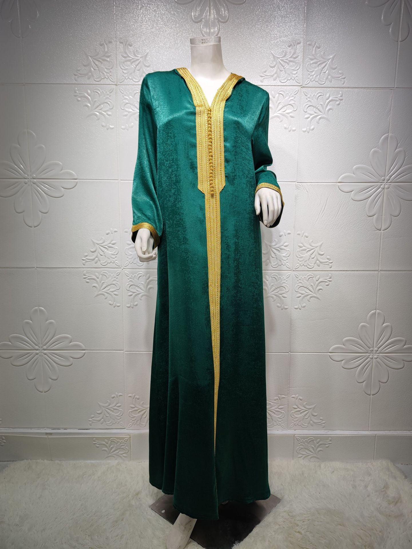 Cross-border Middle East Dubai Champagne Hooded Lace Suede Gown Muslim Robe Women In Stock - Nioor