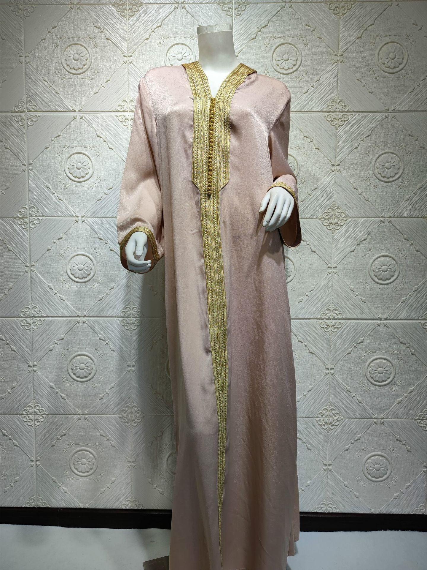 Cross-border Middle East Dubai Champagne Hooded Lace Suede Gown Muslim Robe Women In Stock - Nioor