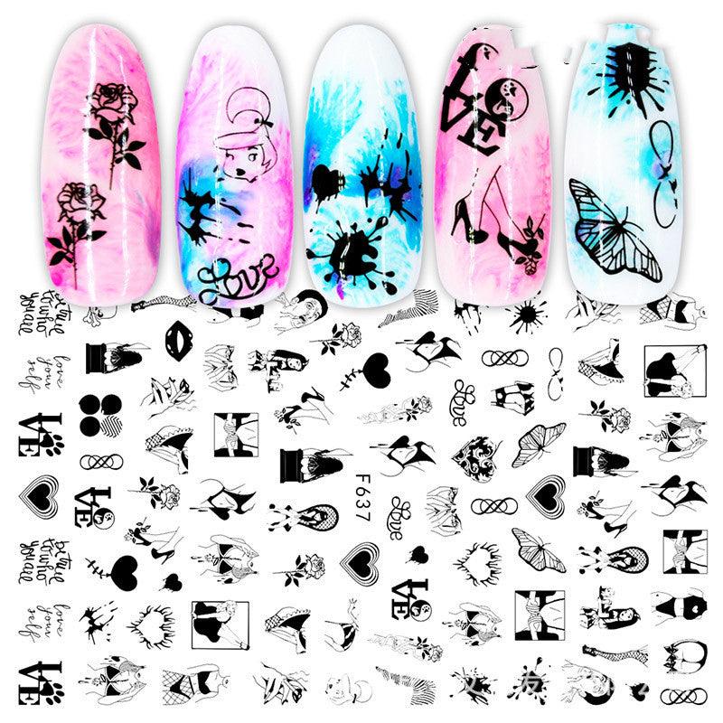 Cross-Border Nail Stickers New Japanese European And American 3D Hot Stamping Full Stickers Black And White Rose Heart-Shaped Ink Nail Decals - Nioor