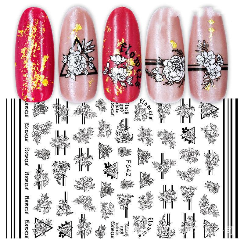 Cross-Border Nail Stickers New Japanese European And American 3D Hot Stamping Full Stickers Black And White Rose Heart-Shaped Ink Nail Decals - Nioor