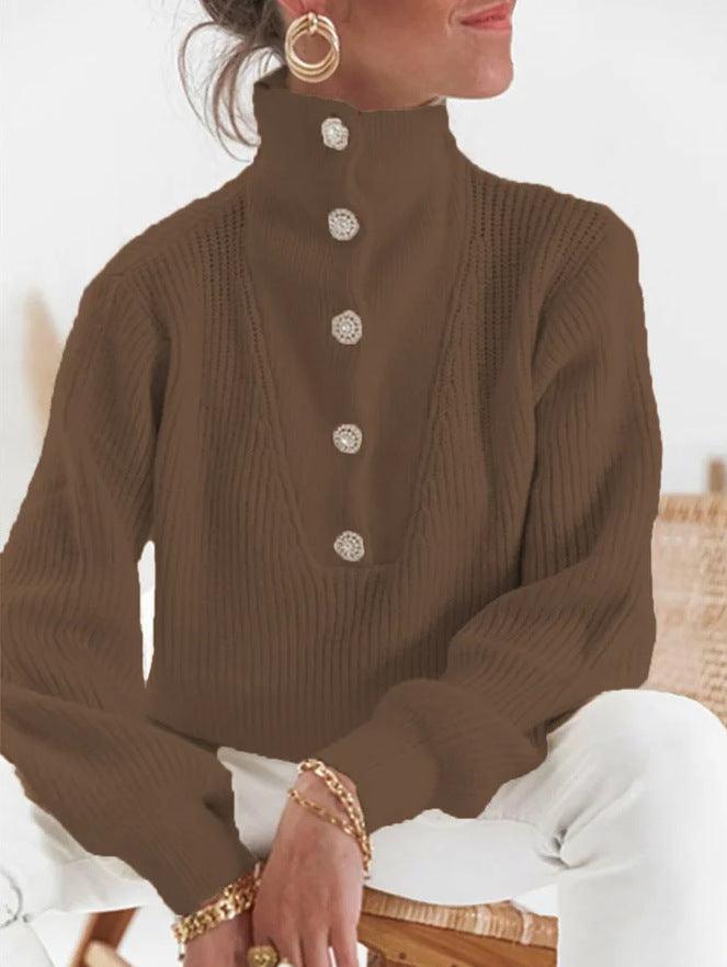 Cross Border Solid Collar Long Sleeve Sweater - Nioor