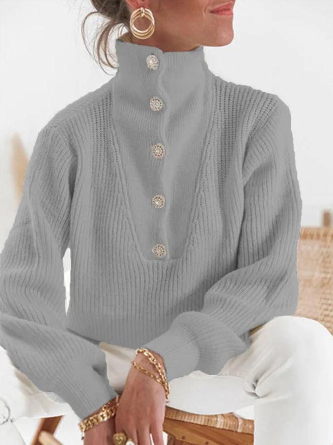 Cross Border Solid Collar Long Sleeve Sweater - Nioor