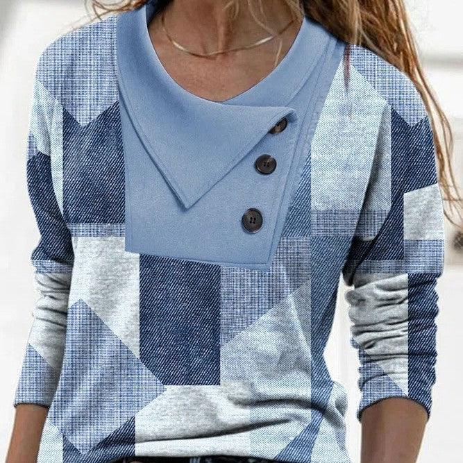 Crossover Collar Button Print Long-sleeved T-shirt Clothing - Nioor