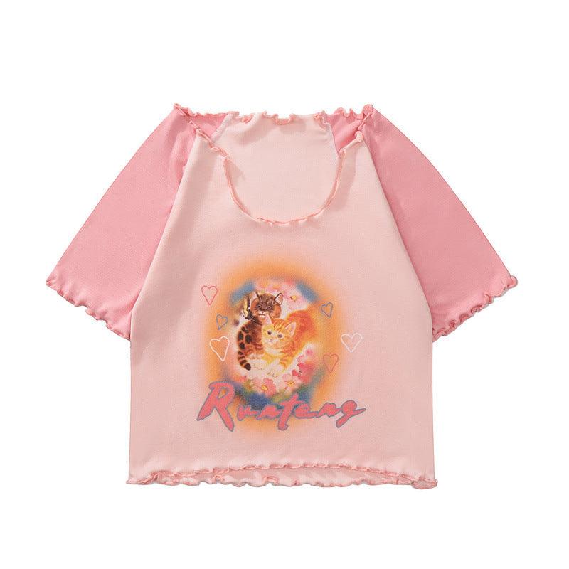 Cute Cat Print T-shirt Women's Short Top - Nioor