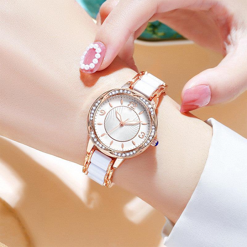 Women's Fashion Simple Ceramic Strap Butterfly Buckle Quartz Watch - Nioor