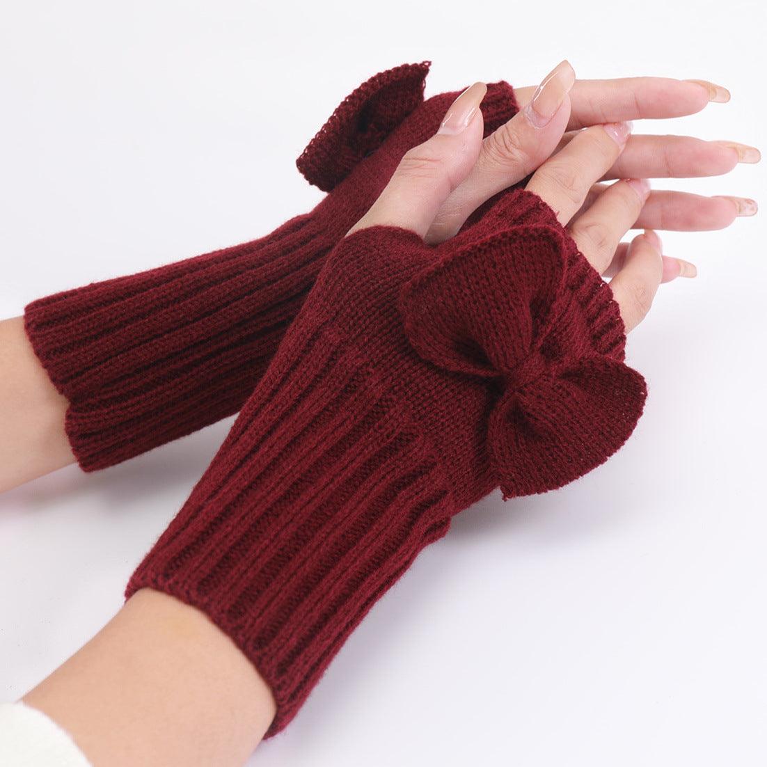 Bow Knitted Wool Keep Warm Half Finger Fingerless Gloves - Nioor