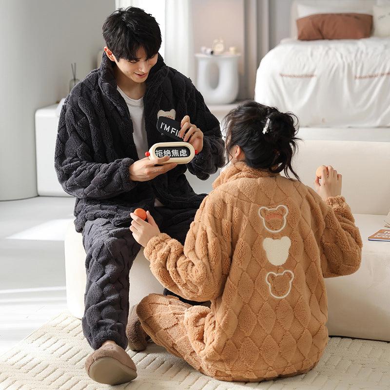 Flannel Couple Pajamas Men's Autumn And Winter Thickened Keep Warm New Zipper Cardigan Cute Coral Fleece Homewear - Nioor