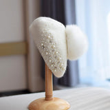 Fox Fur Ball Beret Female Woolen Pearl - Nioor