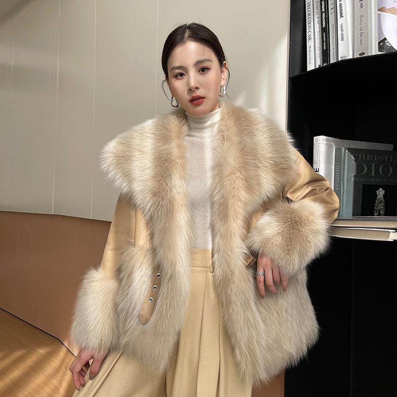 Big Fur Collar Stitching For A Woman Faux Coat - Nioor