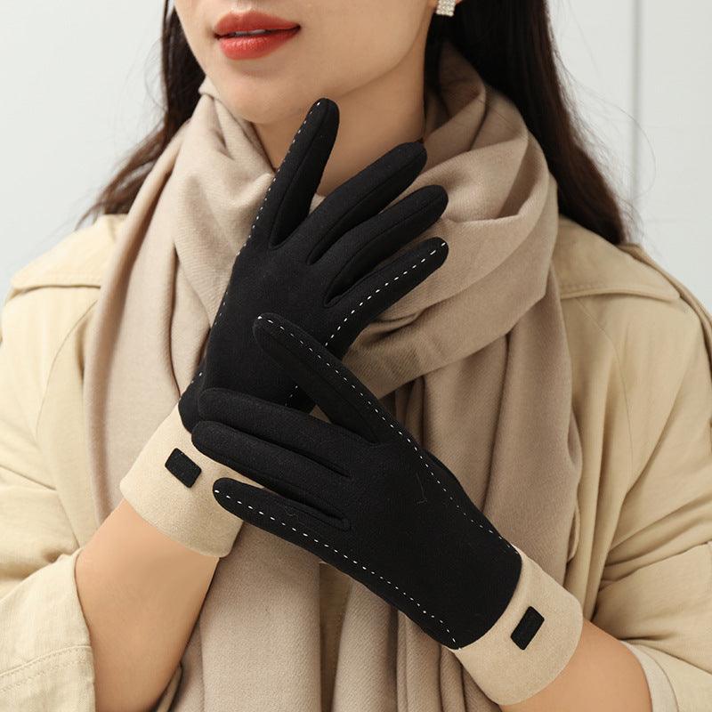 Women's Winter New Dralon Fleece-lined Warm Korean-style Cold-proof Touch Screen Riding Outdoor Driving Gloves For Students - Nioor