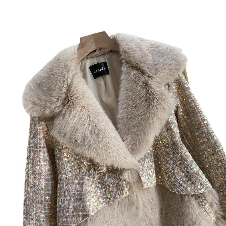 Women's Fashionable Sequins Wool Fur Coat - Nioor