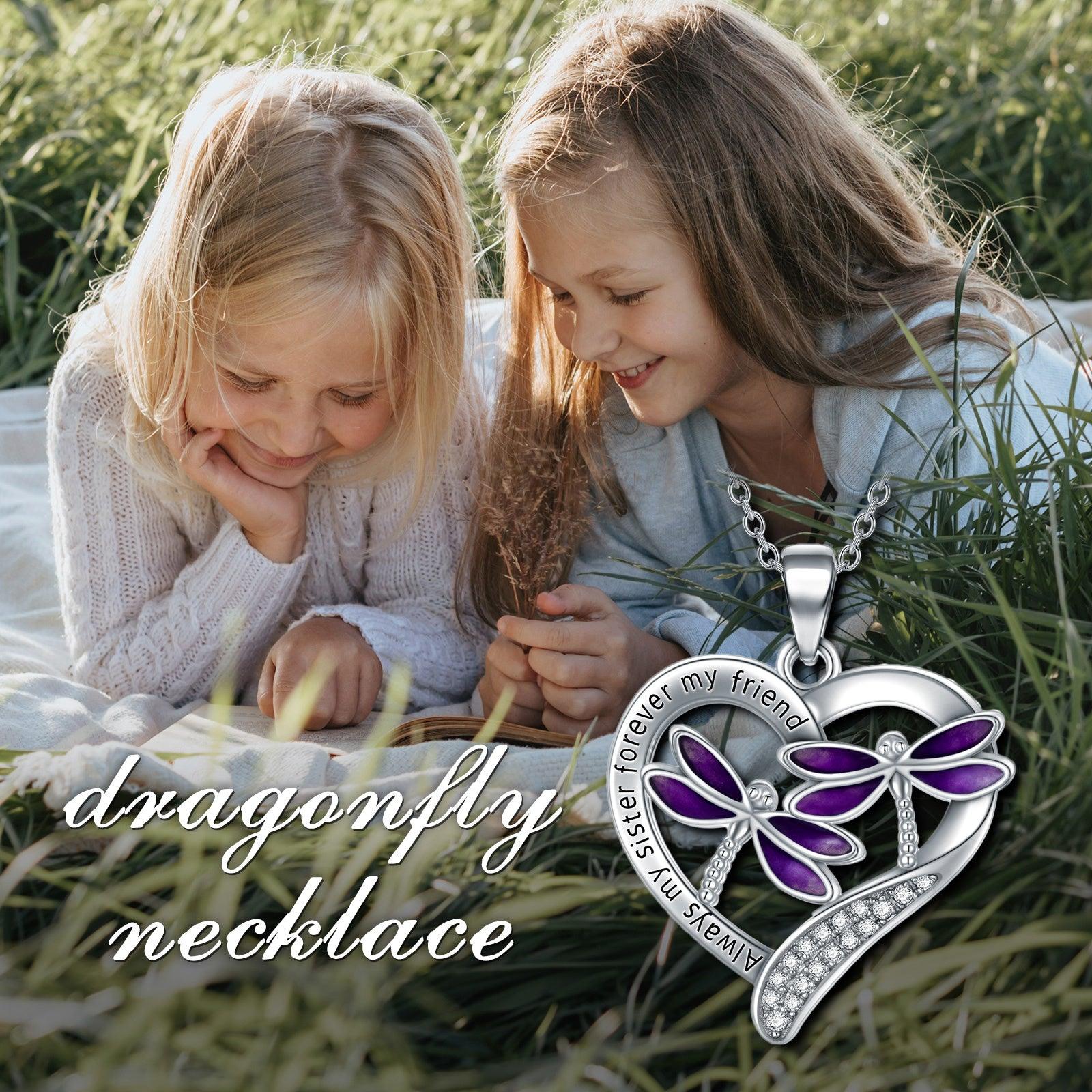 Purple Dragonfly Pendant Necklace in White Gold Plated Sterling Silver - Nioor