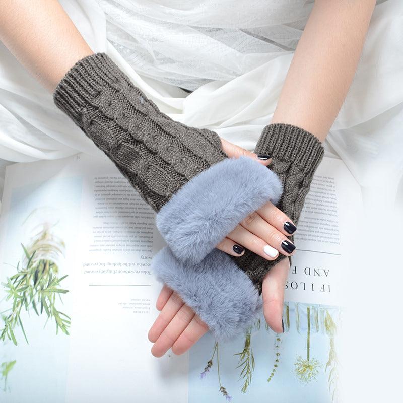 Women's Knitted Half Finger Solid Color Twist Gloves - Nioor