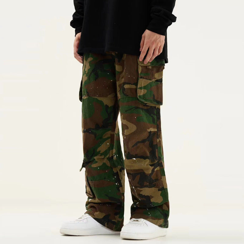 Camouflage High Waist Loose Straight Retro Workwear Casual Pants