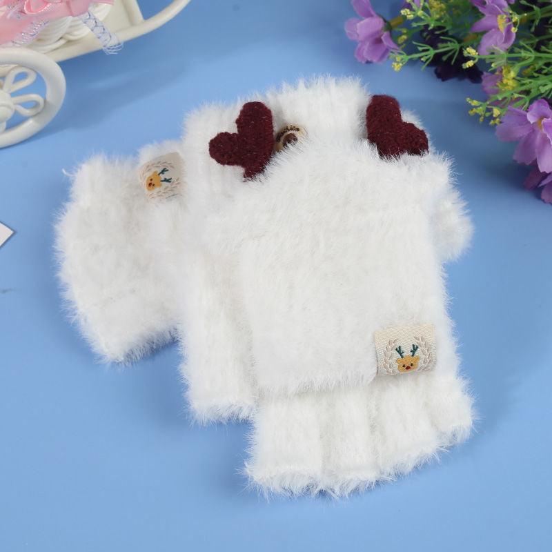 Plush Gloves Female Flip Half Finger Toe Cute Cartoon - Nioor