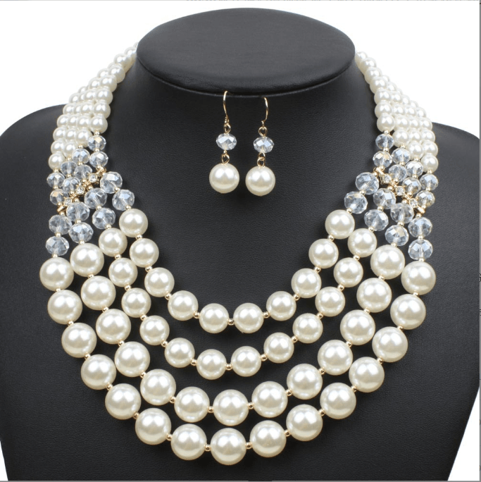 Europe necklace crystal pearl Long Necklace Earrings female bride jewelry set accessories - Nioor