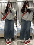 Retro Denim Skirt Fall Pear Shapes Split Straight - Nioor