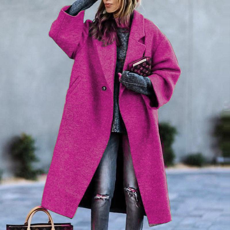 Autumn And Winter Long Woolen Color Temperament Commute No Belt Lapel Loose Woolen Green Coat - Nioor