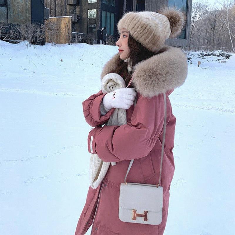 White Duck Down Jacket Women's Mid-length Big Fur Collar Loose Thick - Nioor