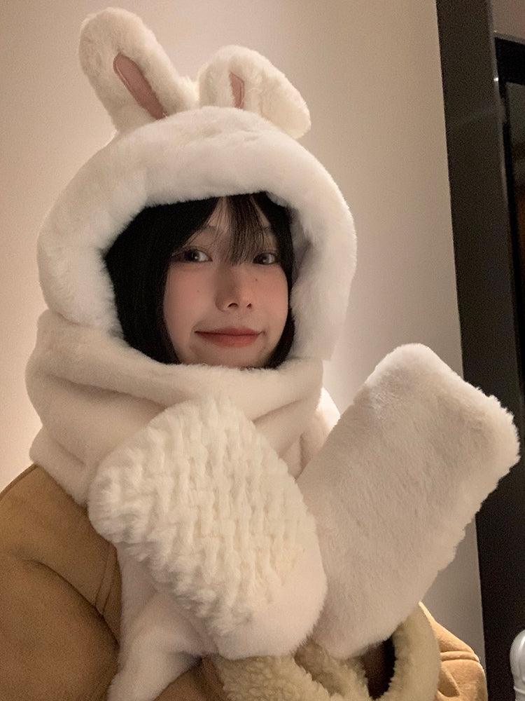 White Bunny Ears Hat And Scarf All In One - Nioor