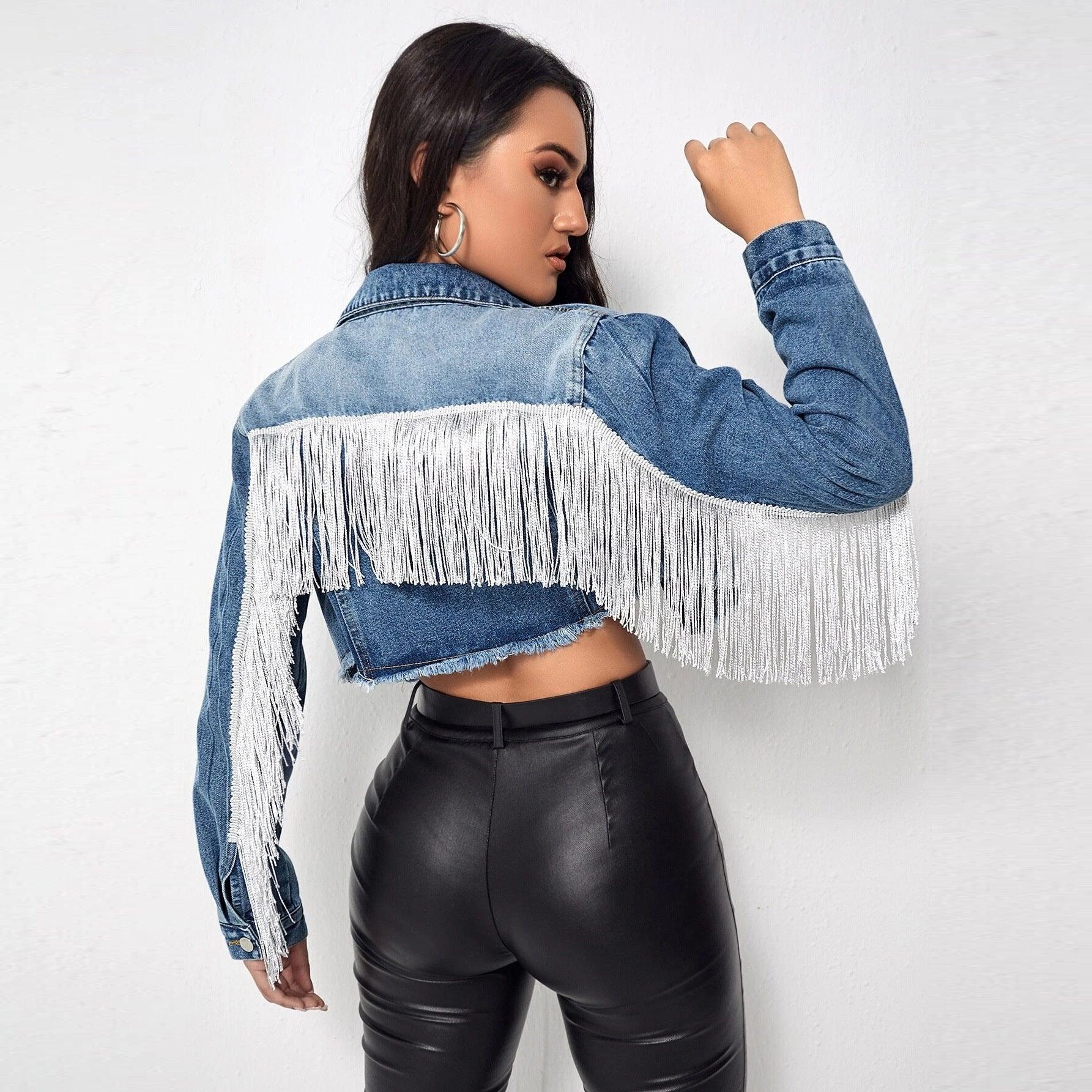 Women's Fashionable Fringed Stitching Distressed Denim Jacket - Nioor