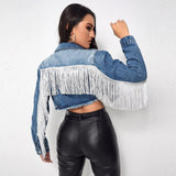 Women's Fashionable Fringed Stitching Distressed Denim Jacket - Nioor