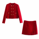 Textured Woolen Short Double Breasted Blazer Split Skirt - Nioor