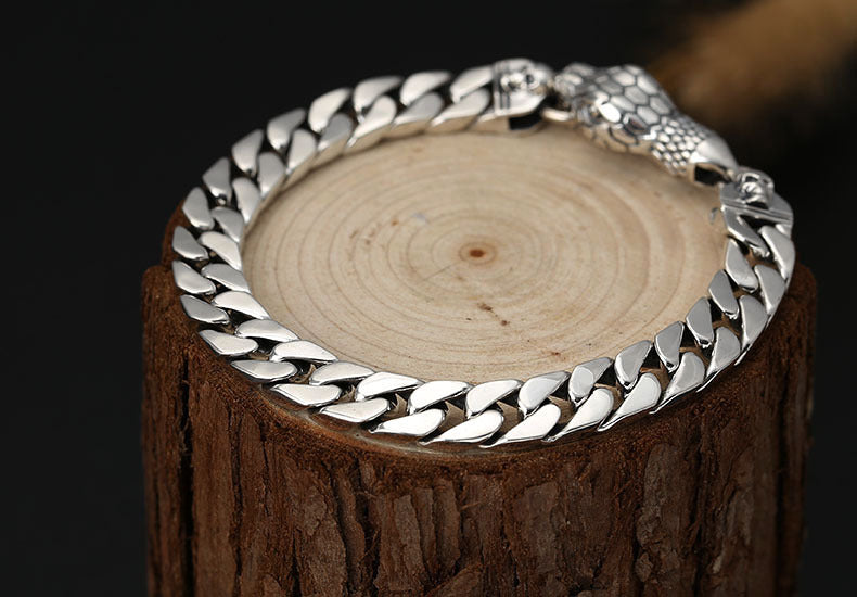 Sterling Silver Wrist Chain Ornament Trendy Thai Silver Hipster Snake Head Buckle Nude Men's Bracelet