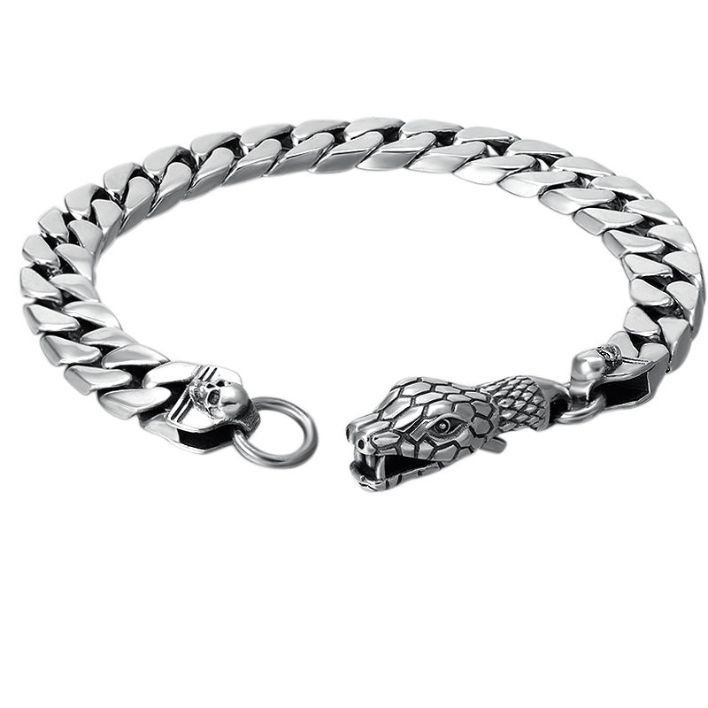 Sterling Silver Wrist Chain Ornament Trendy Thai Silver Hipster Snake Head Buckle Nude Men's Bracelet