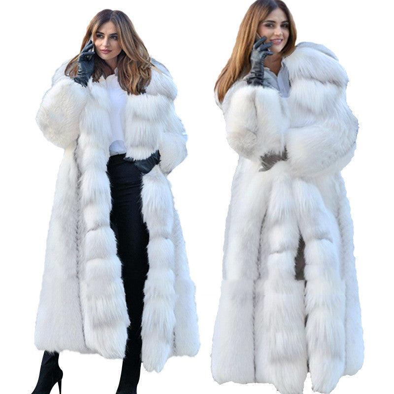 Women's Long Style White Long Fur Coat - Nioor