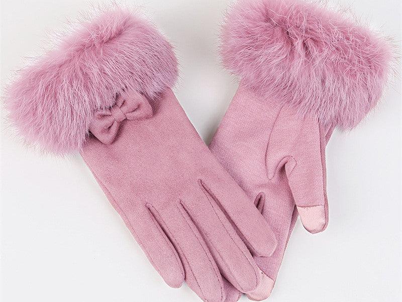 Women's Winter Cute Rabbit Hair Cycling Warm Suede Gloves - Nioor