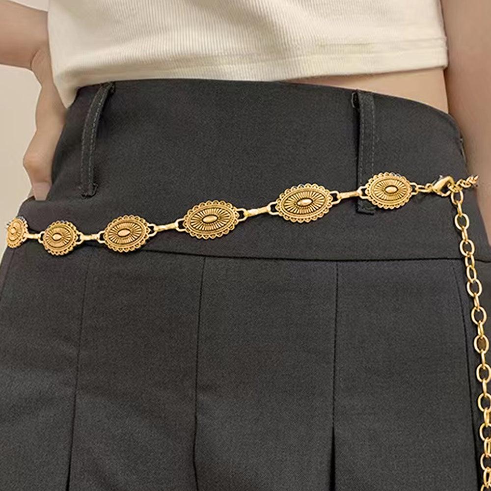 Retro National Style Carved Ancient Gold And Silver Metal Waist Chain Sexy Elegant Women's Dress Senior Sense Decorative Belt - Nioor