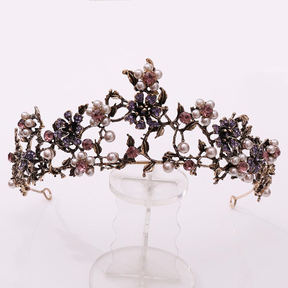 Floral Black Diamond Pearl Baroque Bridal Crown Wedding Tiara Accessories - Nioor