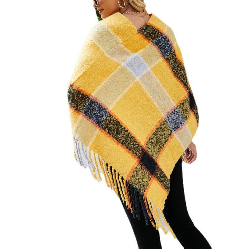 Cashmere Contrast Color Striped Cape Knitted Tassel Scarf - Nioor