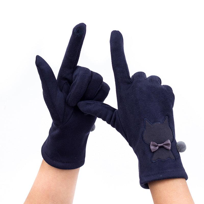 Autumn And Winter Embroidered Cat Touch Screen Gloves Suede Thickened Fleece-lined Riding Warm Gloves - Nioor