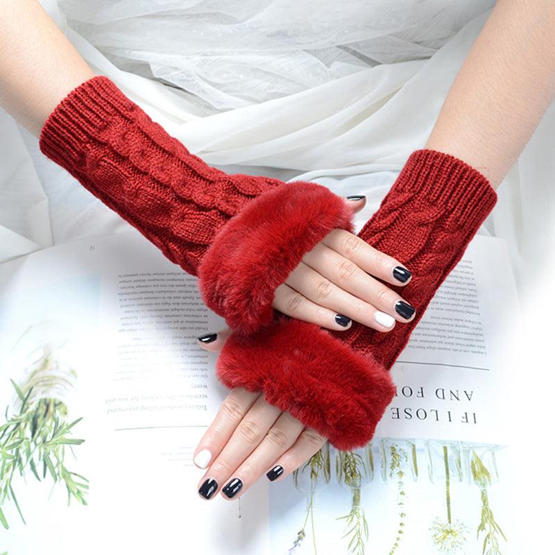 Women's Knitted Half Finger Solid Color Twist Gloves - Nioor