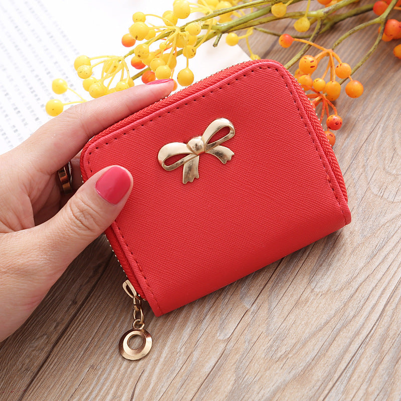 New Solid Color Bow Women's PU Leather Zipper Wallet