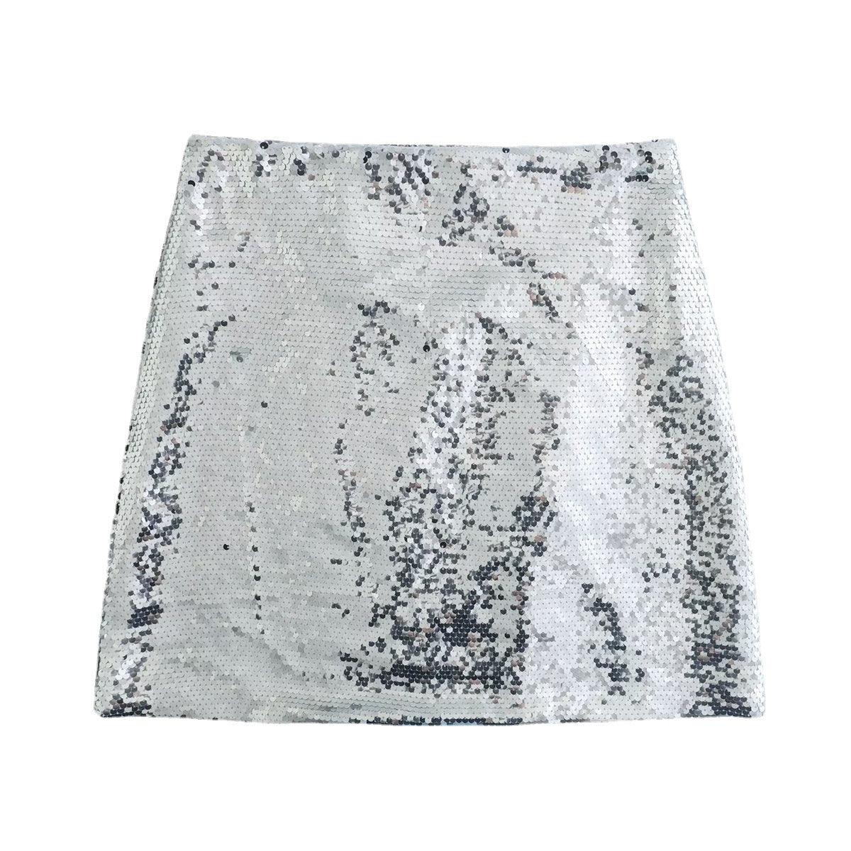 New Style Silver Sequined Split Skirt - Nioor