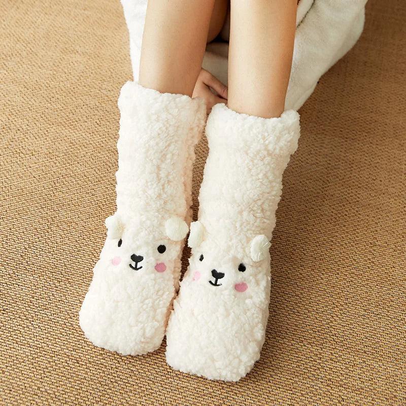 Cute Cartoon Bear Fuzzy Socks For Women, Comfortable Winter Soft Warm Slipper Socks, Casual Sleep Socks For Indoor Women's Fuzzy Socks Winter Warm Fluffy Soft Slipper Home Sleeping Cute Animal Socks - Nioor