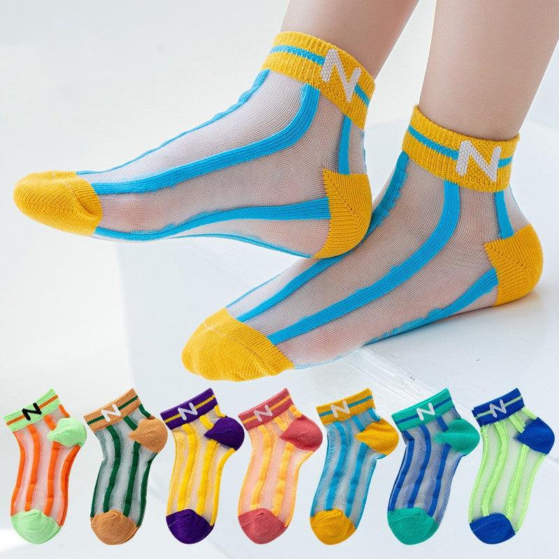 Children's Socks Summer Thin Section Girls Rainbow Vertical Bar Crystal Stockings - Nioor