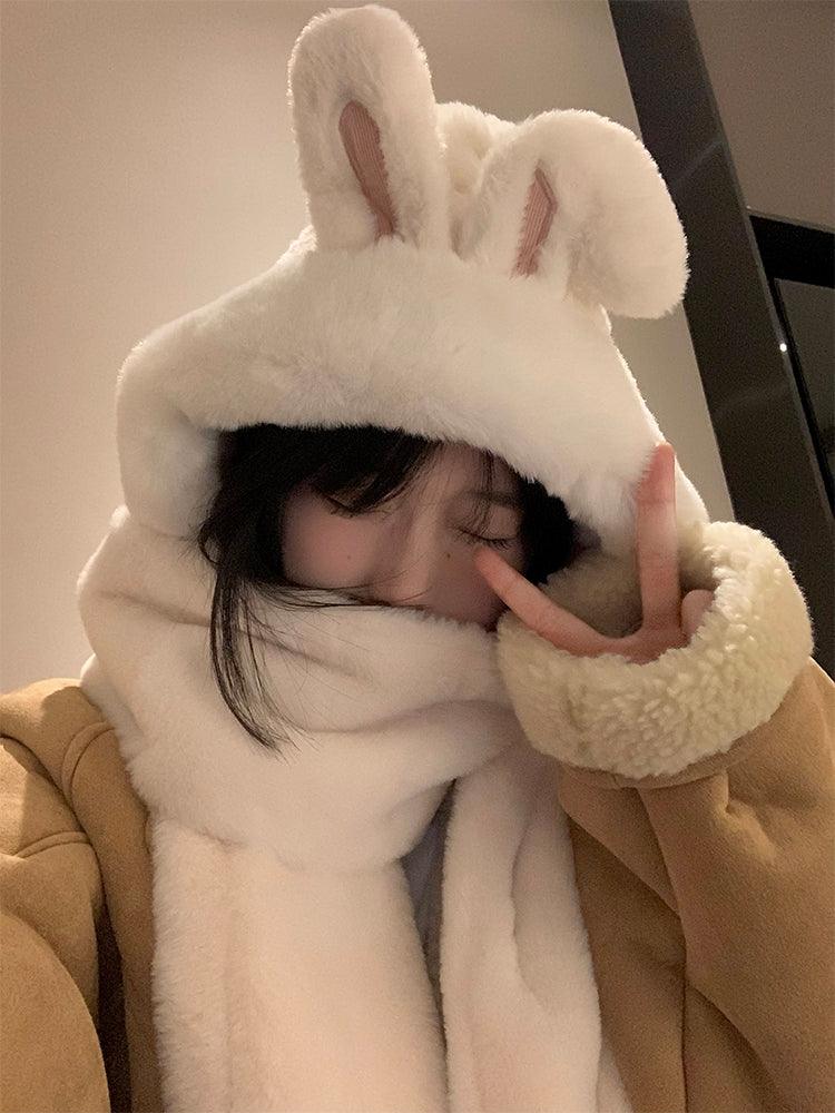 White Bunny Ears Hat And Scarf All In One - Nioor