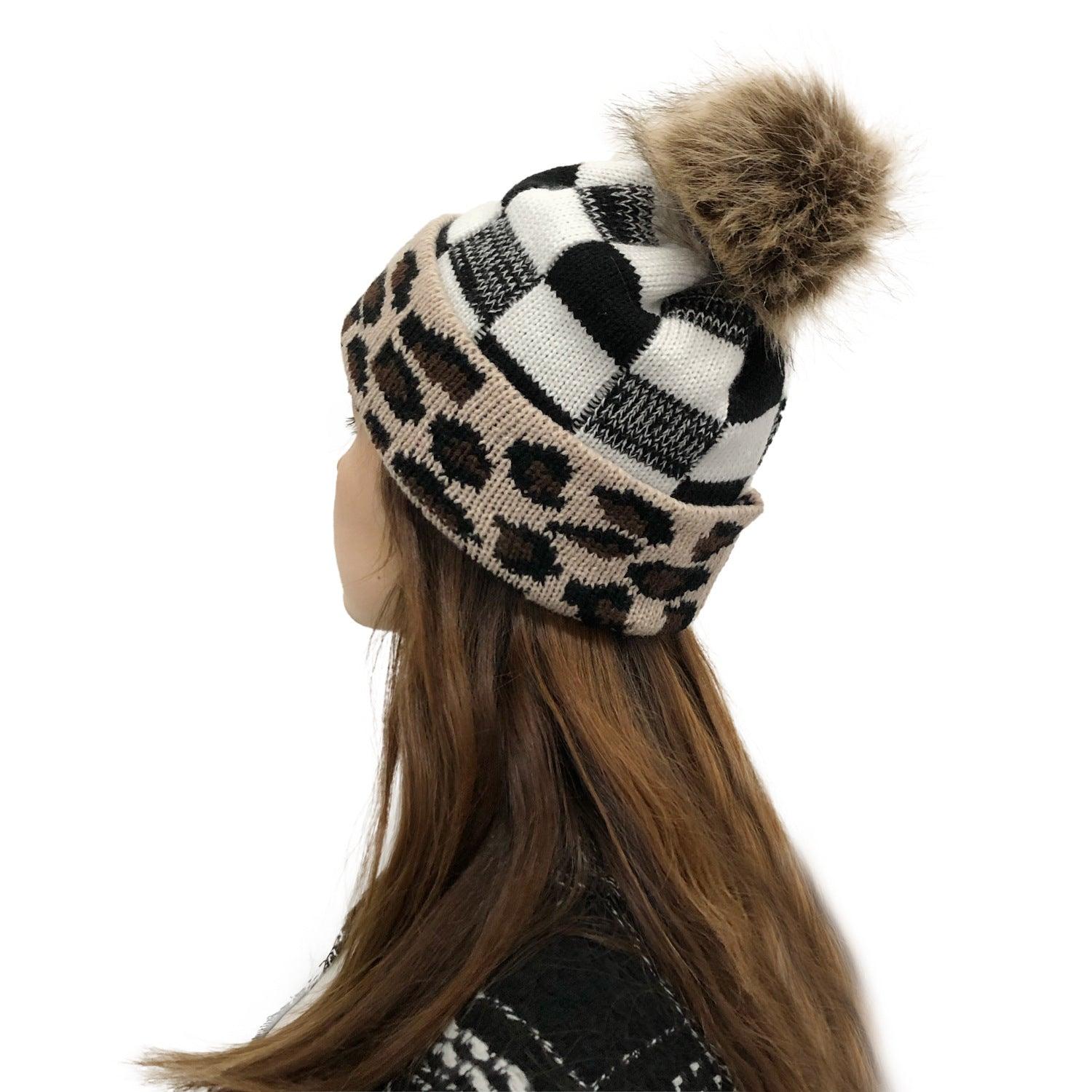 Plaid Fur Ball Knitted Hat Women's Warm Beanie Hat Jacquard Hat Woolen Cap Sleeve Cap - Nioor