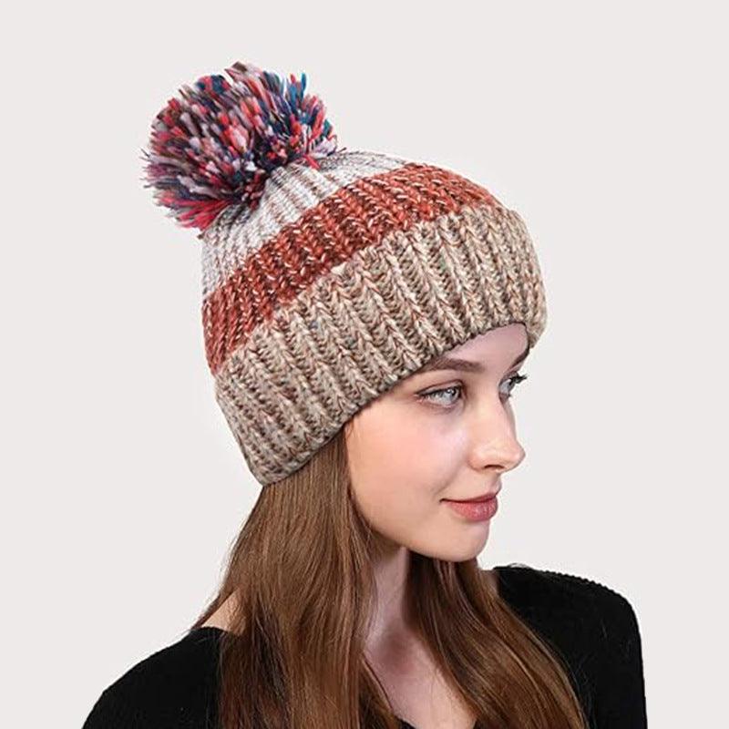 New Korean Style Cute Fur Ball Fishbone Color Stitching Thickened Women's Knitted Hat - Nioor