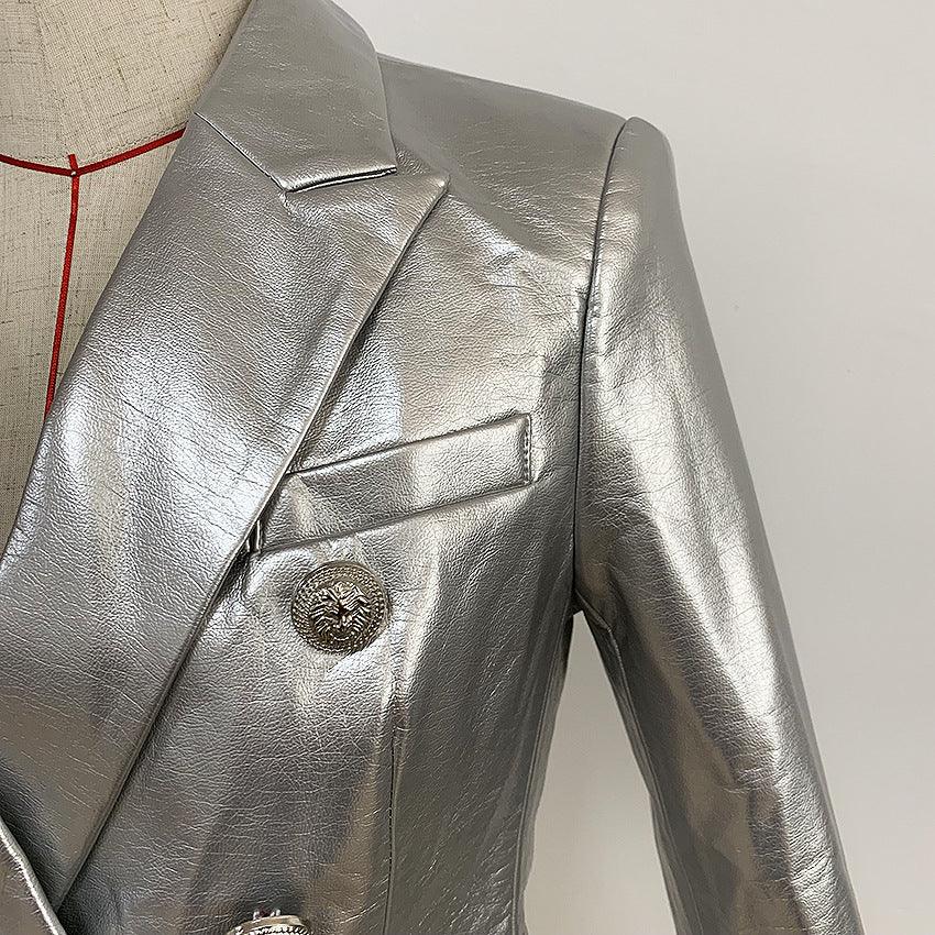 Double-breasted Shiny Silver Synthetic Leather Slim Suit Jacket - Nioor